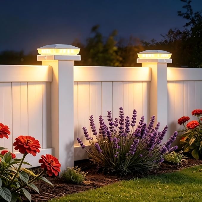 Solar Post Cap Lights 2 Pack, IP65 Waterproof Outdoor Fence Post Solar Lights for 3.5x3.5 & 4x4 Wood/Vinyl Posts, 10-12 Hours Upgraded Warm/Cool White Glow for Garden/Patio/Porch - Ivory White