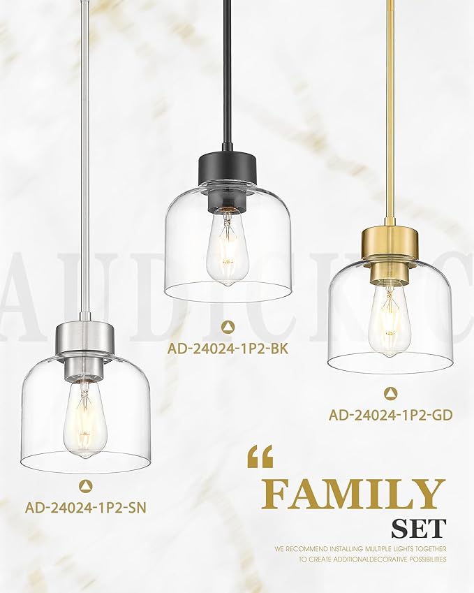 2-Pack Pendant Lights Kitchen Island, 7" Brushed Gold Hanging Lights Fixtures with Clear Glass Shade, Modern Brass Kitchen Pendant Lighting Over Island for Dining Room, AD-24024-1P2-GD