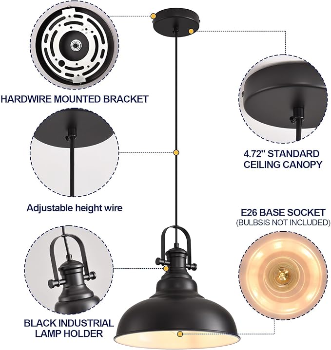 Matte Black Pendant Light, 11.0 Inch Pendant Light Fixture with Adjustable Cord, Industrial Hanging Lamp for Bedroom, Kitchen Island, Living Room, Dining Room, Hallway(1 Pack)