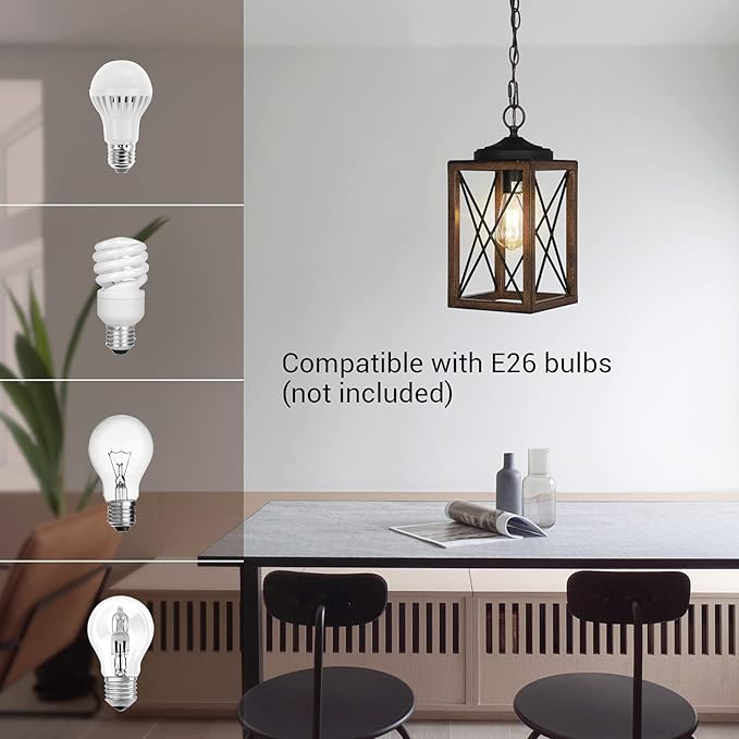 EDISHINE Farmhouse Pendant Light, Metal Hanging Light Fixture with Wooden Grain Finish, 63 Inch Adjustable Chain for Flat and Slop Ceiling, Kitchen Island, Bedroom, Dining Hall, E26 Base, 1 Pack