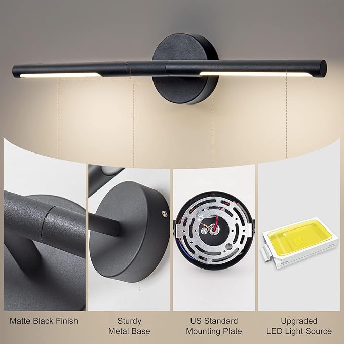 Matte Black Bathroom Light Fixtures Over Mirror 24 Inch, 18W 360° Rotatable Dimmable 4000K Led Vanity Light Bar, Modern Bathroom Vanity Lights Above Mirror, Led Bathroom Lighting