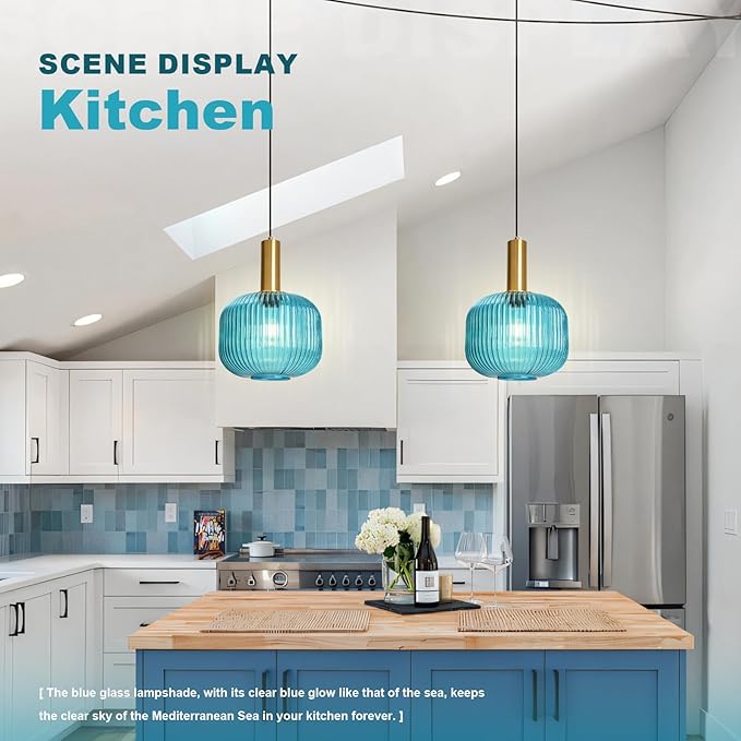 2 Pack Blue Hanging Lamp Plug in Ceiling Light with Cord Modern Coastal Pendant Lighting Fixture Striped Glass Hanging Pendant Lights for Living Room Bedroom Beach House Kitchen Gold