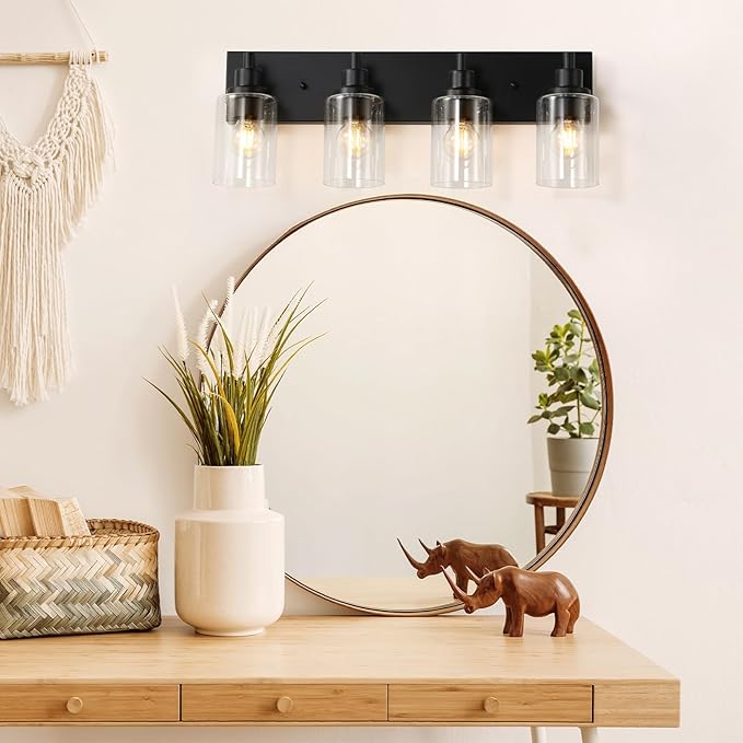 LOUSACE 4 Light Bathroom Vanity Light, Matte Black Bathroom Lighting Fixtures with Clear Glass Shade, Modern Vanity Wall Sconces over Mirror, Farmhouse Black Bath Light Fixture for Bedroom Living Room