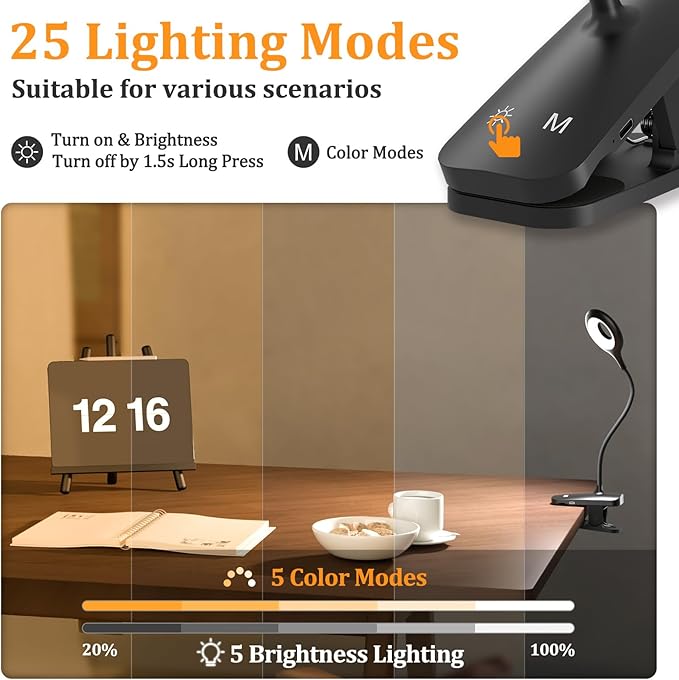 2 Pack Clip on Reading Light for Bed Headboard, Battery Rechargeable Large Clamp Bed Lamp - 5 Colors 5 Brightness, Flexible Arm Book Light at Night for Kids Bunk Desk Metal Bed Frame