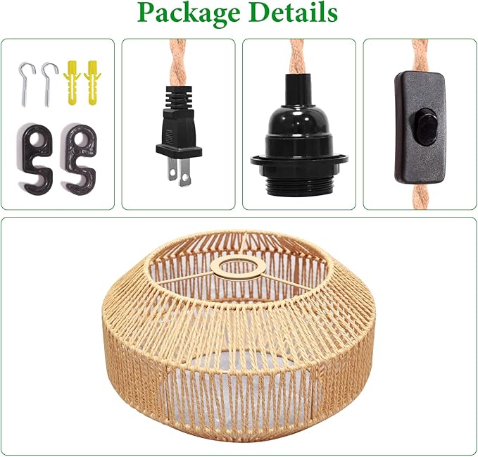 Hanging Lamp Plug in Pendant Light Rattan Hanging Lights with Plug in Cord Hanging lamp Hanging Lights with Plug in Cord Hanging lamp for Living roon