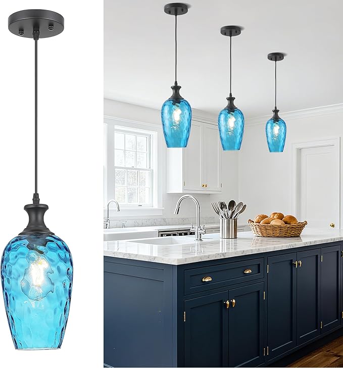 Glass Pendant Lights Kitchen Island, 1-Light Blue Pendant Light Fixtures with Hammered Glass, Modern Farmhouse Hanging Light for Kitchen Sink Dining Room Bedroom, E26