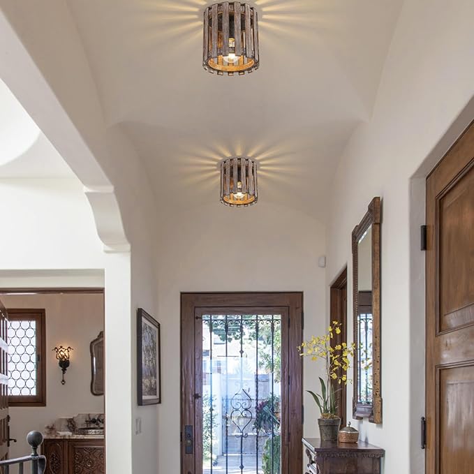 Farmhouse Flush Mount Ceiling Light, Wood Close to Ceiling Light, Rustic Hallway Light Fixtures for Kitchen, Dining Room, Living Room, Entryway