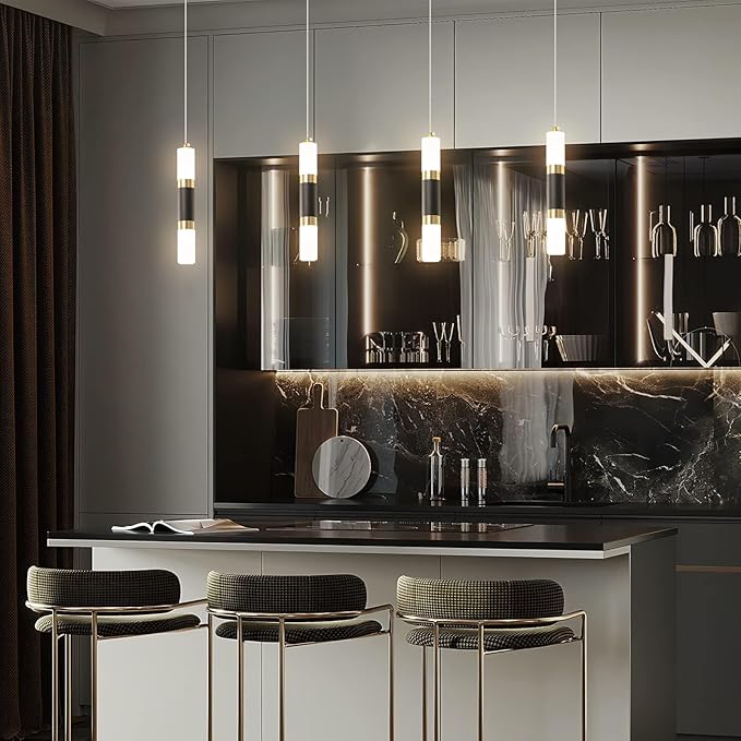 Modern Kitchen Island Light Fixture Dimmable LED Black Mini Pendant Light Bedroom Bedside Table Black Gold Small Pendant Lighting (3-Pack)