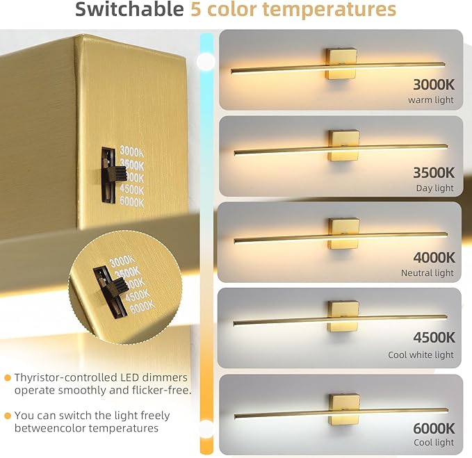 Modern Bathroom Vanity Light 32 Inch, 20W Brushed Brass Bathroom Light Fixture Over Mirror, Dimmable 5CCT LED Wall Sconce Lighting for Restro