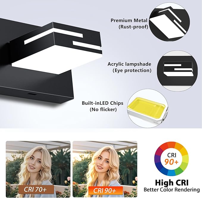LED Modern Bathroom Vanity Light Fixtures, 8-Light 55-inch Dimmable Matte Black Vanity Lights for Bathroom Lighting Fixtures Over Mirror, with 360° Rotatable Acrylic Heads (Cool White 6000K)