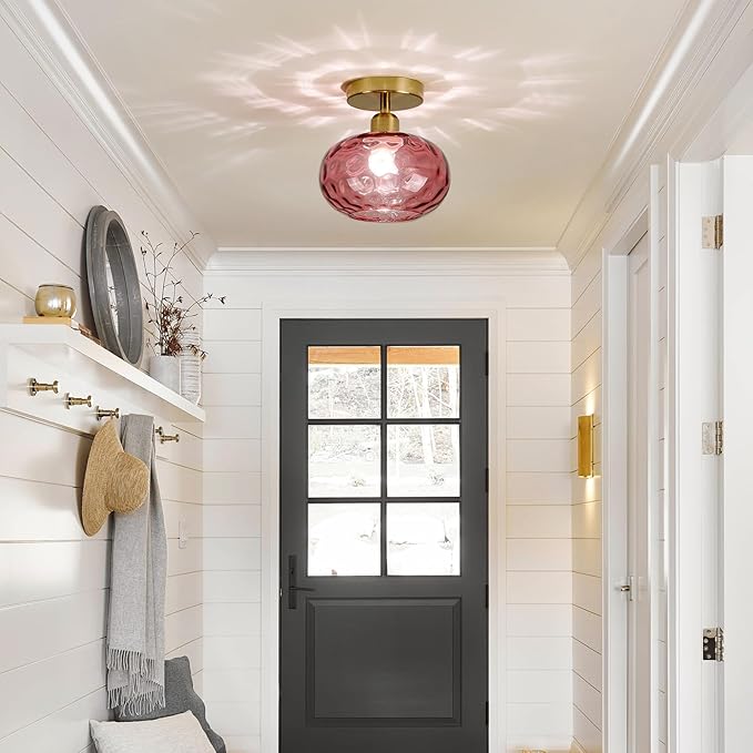 Red Glass Semi Flush Mount Ceiling Light - 2 Pack,7.9 Inch Small Hammered Art Deco Glass Hallway Light fixtures, Vintage Gold Flush Mount Ceiling Light for entryway Foyer Laundry Room Kitchen