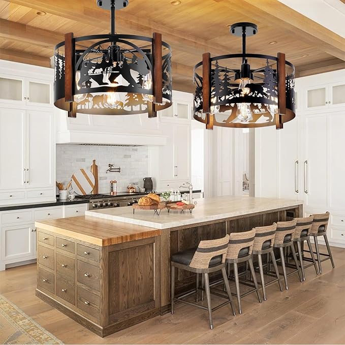Farmhouse Rustic Bear Ceiling Light Fixtures, 4-Light Round E26 Base Black Metal Wooden Fixture for Kitchen, Living Room,Foyer, Bedroom, Hallway-‎16.5" L* 16.5" W * 11.8" H