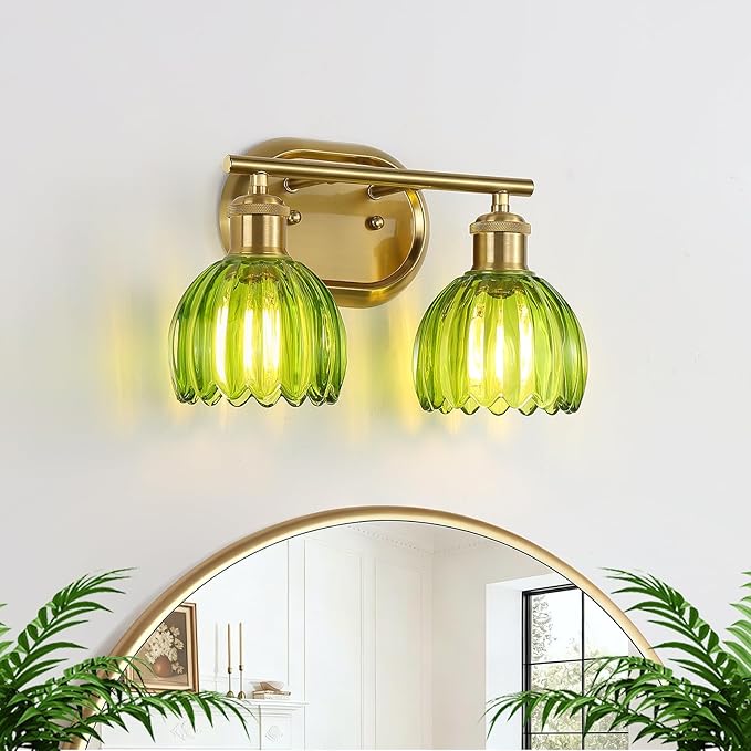Bathroom Light Fixtures, 2-Light Gold Bathroom Vanity Light with Ribbed Green Tulip Glass Shade, Brass Wall Scone Lighting Over Mirror for Bedroom, Living Room, Hallway