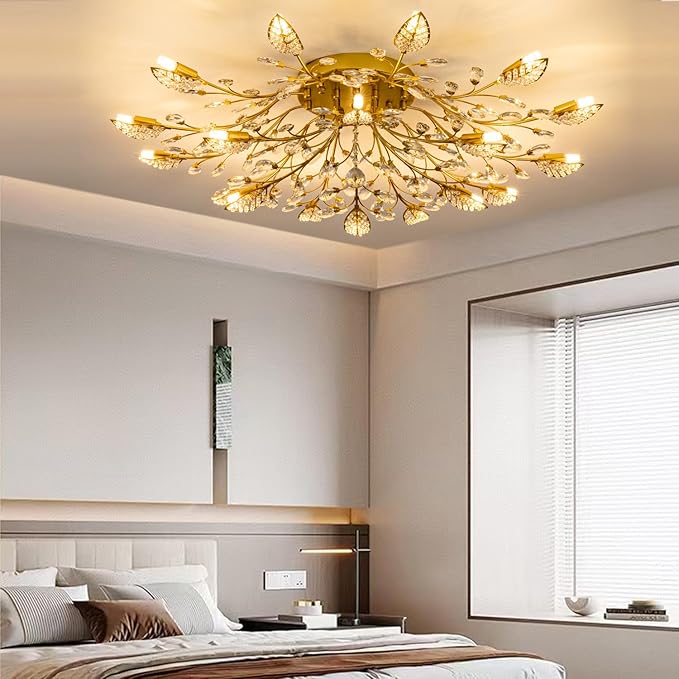 Crystal Ceiling Light Fixture Gold Leaves Semi Flush Mount Ceiling Lights,Kitchen Lighting Fixtures Ceiling for Bedroom Living Room Dining Room Hallway