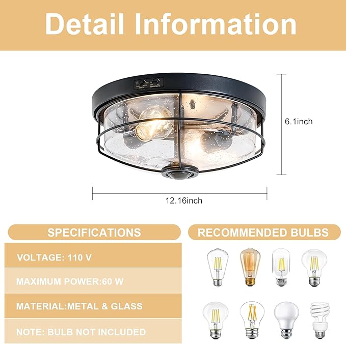 Motion Sensor Outdoor Flush Mount Ceiling Light, Industrial Glass Rustic Wood-Like Finish 2-Light Ceiling Lamp for Porch, Entryway, Garage, Timer and Sensitivity Adjustable (Black-Bubble Glass)