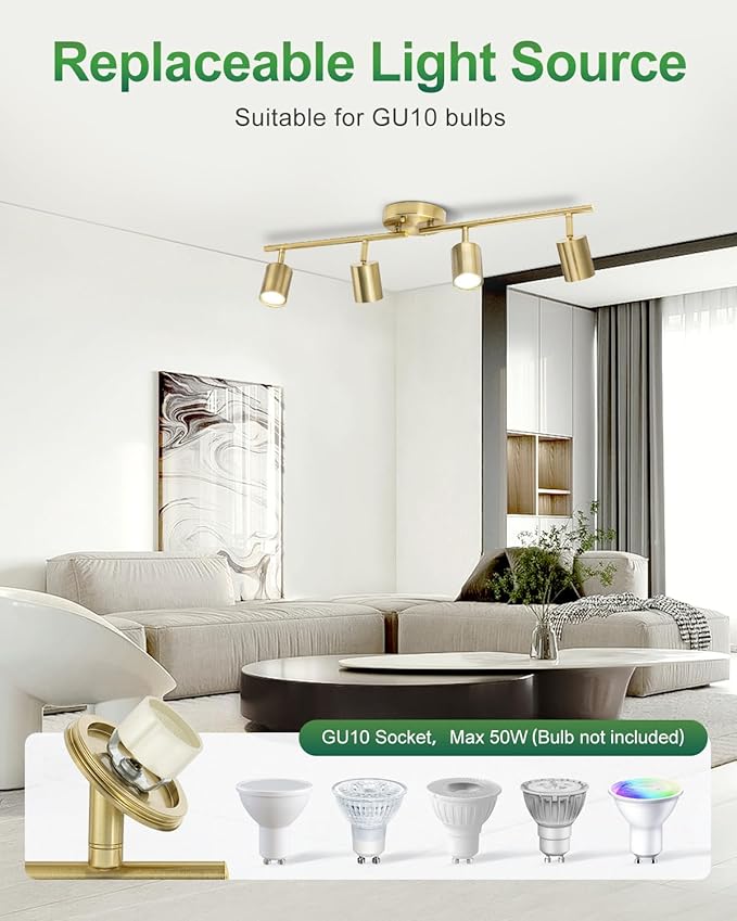 4 Ways Track Lighting, Rotatable Heads Tracks Light, Track Lightings Fixtures Ceiling with Foldable Arms, Brushed Gold Tracks Light for Kitchen, Living Room, Hallway(Bulbs Not Included)