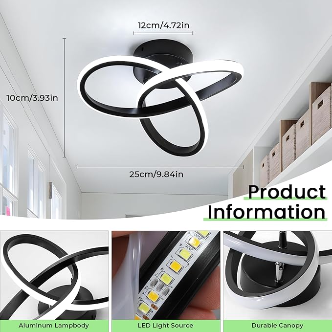 Goeco LED Ceiling Lights, 9.8'' Hallway Modern Spiral Design Flush Mount Ceiling Light, 6000K Blalck Ceiling Light Fixture for Bedroom, Kitchen, Living Room, Office, Stair