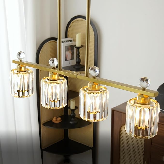 Modern Dining Room Light Fixture Over Table, Crystal Pendant Lights Kitchen Island, Chandeliers for Dining Room Kitchen Light Fixtures (E26) 4-Light Gold