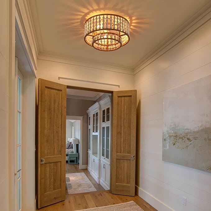 Boho Flush Mount Light Fixture Farmhouse, 3-Light Rustic Hallway Lights, Small White Bead Chandelier for Kitchen Entryway Laundry Nursery