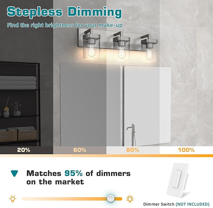 3-Light Bathroom Light Fixtures, Brushed Nickel Vanity Lights for Bathroom, Kitchen, Living Room, Modern Bathroom Vanity Lights with Clear Glass Shades