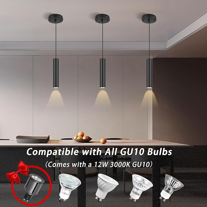 Modern Black-on-Gold Cylindrical Chandelier, 1-Light Pendant with Adjustable Cord, Matching GU10 Socket for Living Room, Bedroom and Dining Room (2 Pack)