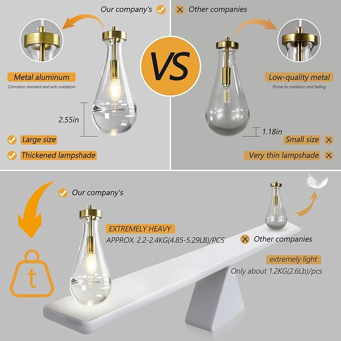Raindrop Pendant Lights Kitchen Island Teardrop Gold Hanging Light Fixtures Clear Solid Glass Pendant Light Modern Chandeliers for Dining Room Porch Corridor Living Room(3-Light)