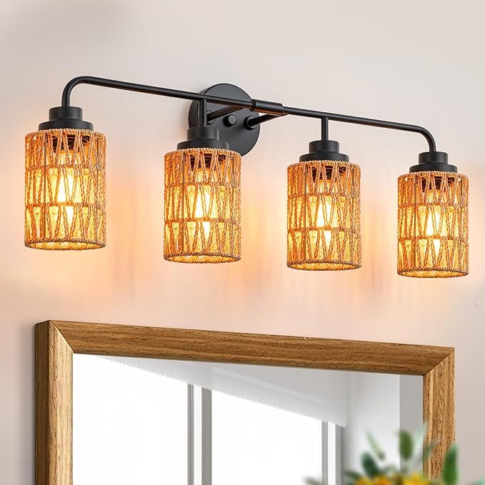 Bathroom Vanity Light, 4-Lights Boho Bathroom Light Fixtures Over Mirror with Rustic Handwoven Shades 30 inch Farmhouse Wall Sconce Lighting