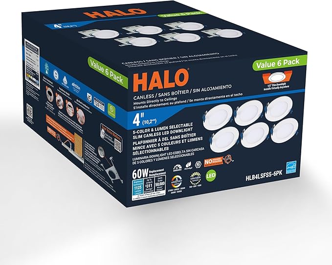 HALO HLB 4 inch LED Recessed Ceiling Light Canless Dimmable Selectable Lumens and Selectable Color 27/30/35/40/5000K 6-Pack Wet Location Indoor Outdoor Airtight HLB4LSFS5-6PK