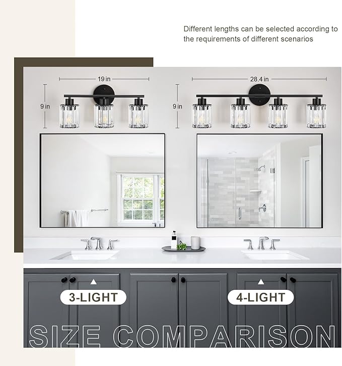 Crystal Bathroom Light Fixtures, Bathroom Lighting Fixtures Over Mirror, Modern Black 4-Light Vanity Lights for Mirror, Restroom, Bedroom (Ceramic E26 Socket,Bulbs Not Include)