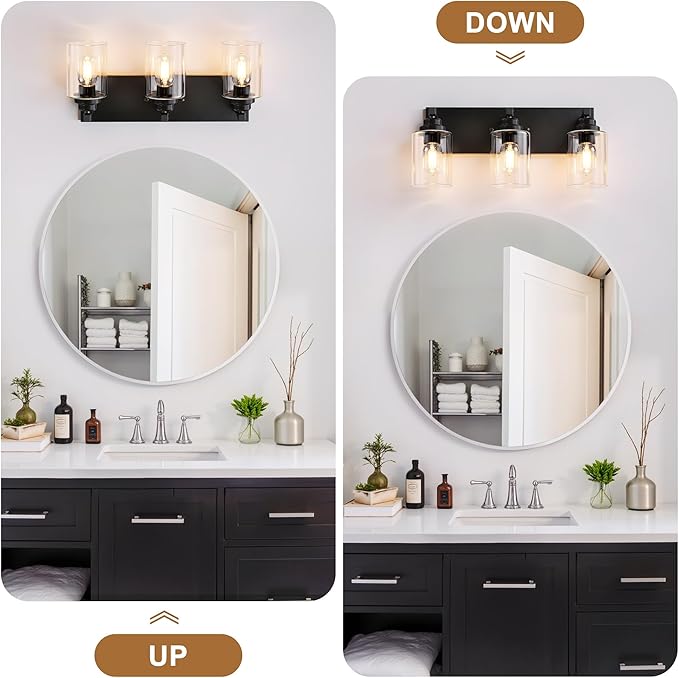 Black Bathroom Light Fixture, 3 Light Matte Black Vanity Light, 18.8" Modern Farmhouse Bathroom Lighting Fixtures Over Mirror, with Clear Glass Shade, Vanity Lights for Bathroom, Bedroom, Hallway