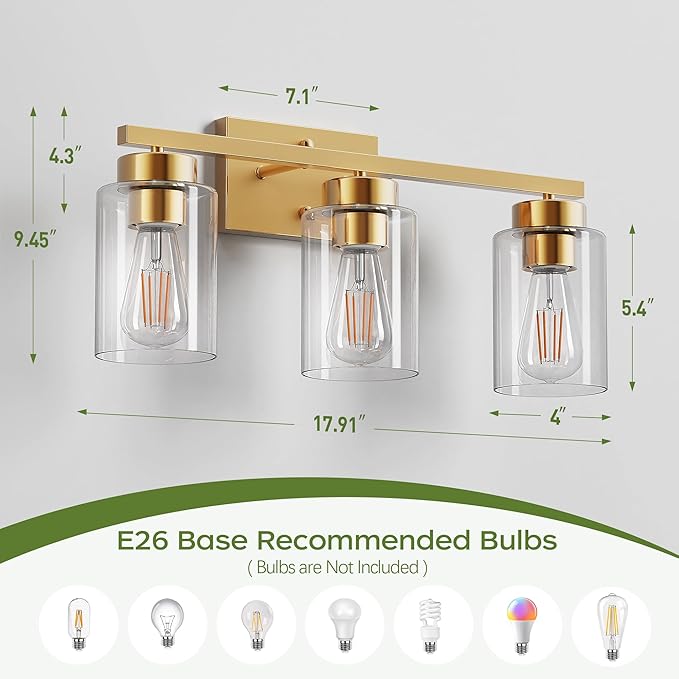 PARTPHONER 3-Light Bathroom Light Fixtures, Brushed Gold Vanity Light with Clear Glass Shade, Modern Wall Sconce for Mirror Bedroom Living Room Hallway Lighting