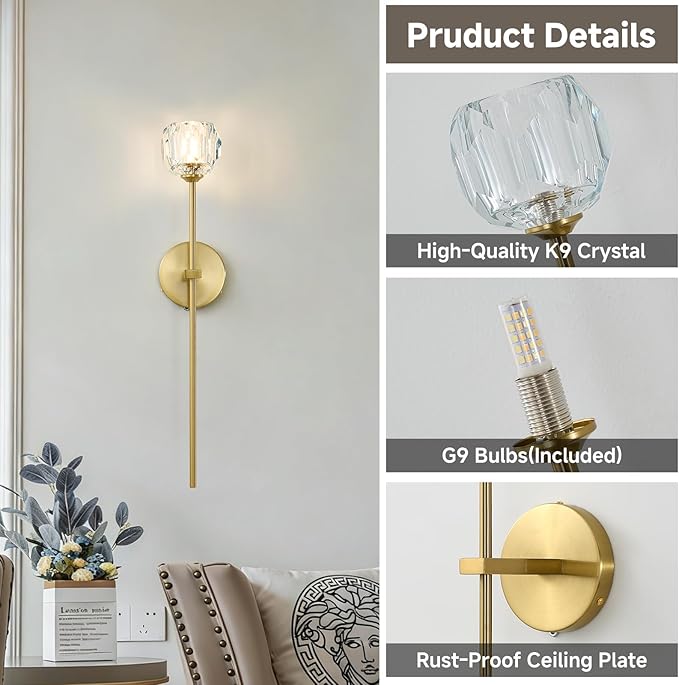 Gold Crystal Wall Sconces with G9 Bulbs, Mid Century Modern Diamond Decor Light Brass Vintage Long Lighting Fixture Hardwired for Elegant Vanity Living Room Bedroom Bathroom Hallway