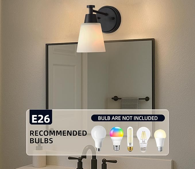 Bathroom Vanity Light, 1-Light Wall Sconce, Matte Black Wall Sconce with Milk Glass