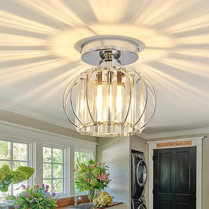 YYJLX Modern Semi Flush Mount Ceiling Light Fixture E26 Mini Crystal Chandelier Chrome Small Ceiling Lamp for Entryway Bedroom Bathroom Hallway Closet Foyer （Silver