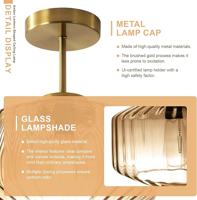Amber Glass Flush Mount Ceiling Light Fixture, 11.02 Inch Modern Dome Light with Warm Gold Finish for Bedroom, Kitchen, Textured Glass Shade, Easy to Install, 1-Light E26 Socket