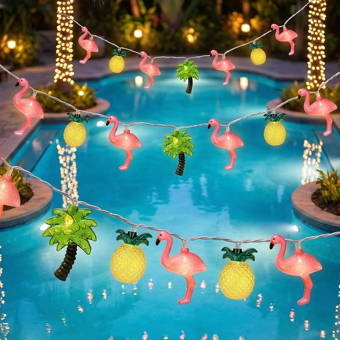 PASUTO Summer Beach Hawaiian String Lights, 10 LED Tropical String Lights, Hawaiian Tropical Beach Pool Party Decorations, Flamingo Pineapple Palm Tree Light Indoor Outdoor, Connectable Plug