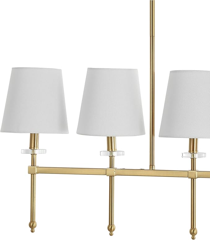 JONATHAN Y 38.5" Brass Gold 5-Light Iron Linear Pendant, Modern Midcentury Chandelier with White Linen Shades for Kitchen Island Dining Room, LED Bulbs Included JYL9919A