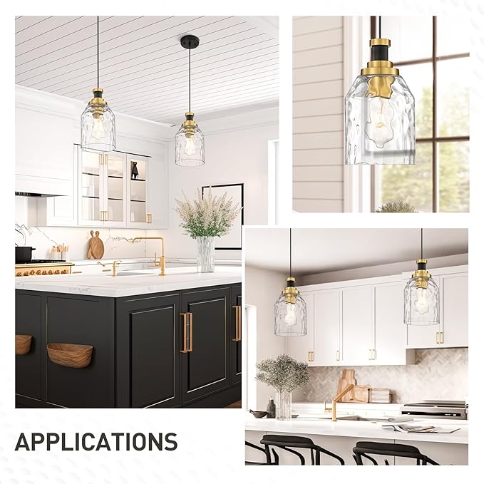 zeyu 2 Pack Modern Kitchen Pendant Lighting Over Island, Hanging Light Fixture for Dining Room, Water Ripple Glass Shade, Black and Gold Finish, ZG33M1L-2L BK+BG-WG