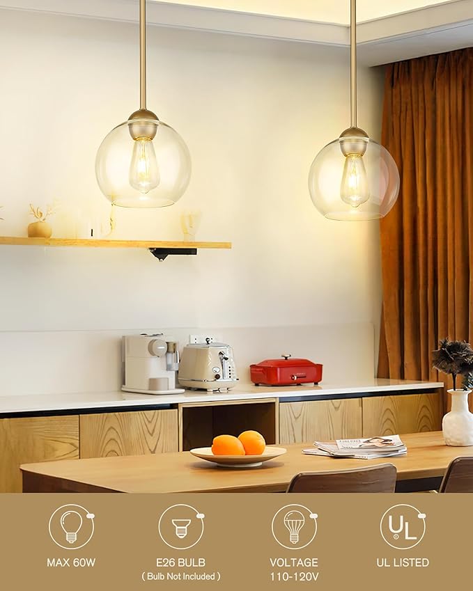 Emak 3 Pack Pendant Lights Kitchen Island, Gold Pendant Light Fixtures with Clear Glass Shade, Modern 8 Inch Globe Hanging Lights for Kitchen, Bedroom, Bar, PL121-GD-3PK