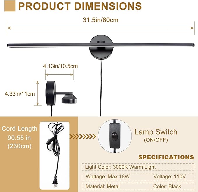 32" Plug in Bathroom Vanity Light Fixtures Modern Black Vanity Lights Over Mirror, 3000k Warm Light Non-Dimmable 18w Eye-Friendly Picture Light Led Wall Lights for Art,Poster,Gallery