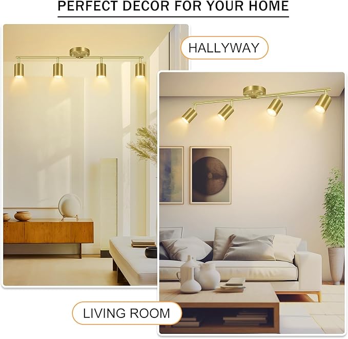 Track Lighting Ceiling Fixture Gold, Modern Kitchen Light Fixtures Ceiling, 4-Light Rotatable LED Track Lights, Semi Flush Wall Spotlight for Living Room/Hallway/Office(GU10 Socket, Bulb Not Included)