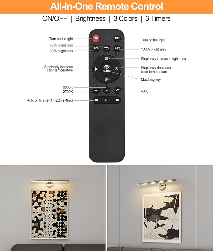 Battery Operated Picture Light, Cordless Art Light with Remote Control, Photo Frame Light with 5000mAh Battery, 3 Color Temperatures & Stepless Dimming for Gallery, Hallway(Antique Bronze, 23.6inch)