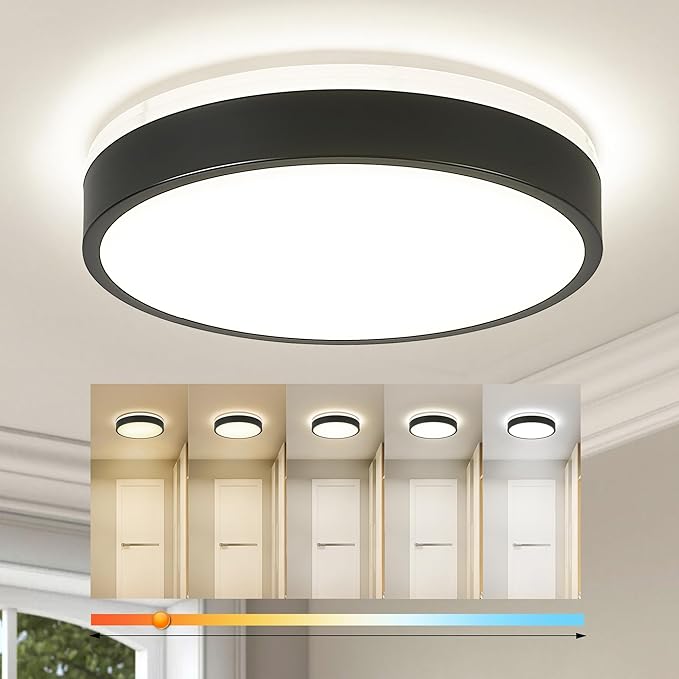 Ken & Ricky Flush Mount Ceiling Light, Dimmable Led Close to Ceiling Light Fixtures for Kitchen Bathroom Bedroom Hallway 5cct (Black, 12 Inch)