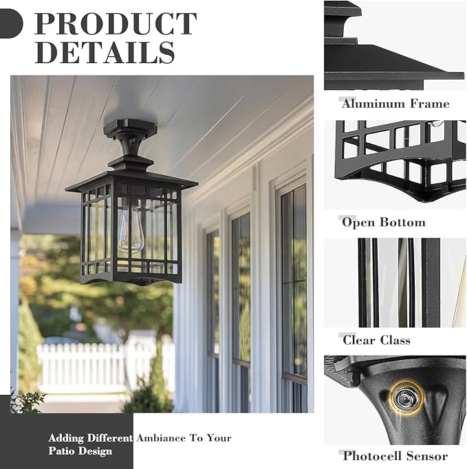 Emliviar Dusk to Dawn Black Semi Flush Mount Ceiling Light for House Entryway, Waterproof 15.4" Outdoor Close to Ceiling Lamp, Clear Glass, 100 Max, XE309F-M-PC BK