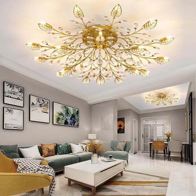 Crystal Ceiling Light Fixture,Semi Flush Mount Ceiling Lights,Chandelier Dining Room for Bedroom Living Room Dining Room Kitchen Hallway Foyer