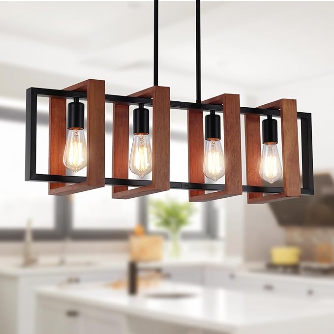 32" Farmhouse Kitchen Island Lighting Adjustable Dining Room Light Fixtures, 4-Light Rustic Wood and Black Metal Rectangular Chandelier Modern Pendant Lighting for Kitchen Island, Cafe