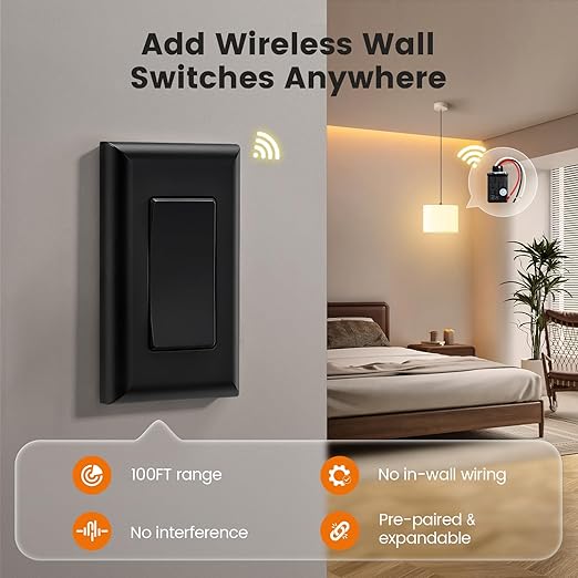 SURAIELEC Wireless Light Switch and Receiver Kit Black, 15A High Power, No Wiring No Interference, 100ft Range, Expandable Remote Control Wall Switches for Lamp, Ceiling Light, Fan, Outdoor Lighting