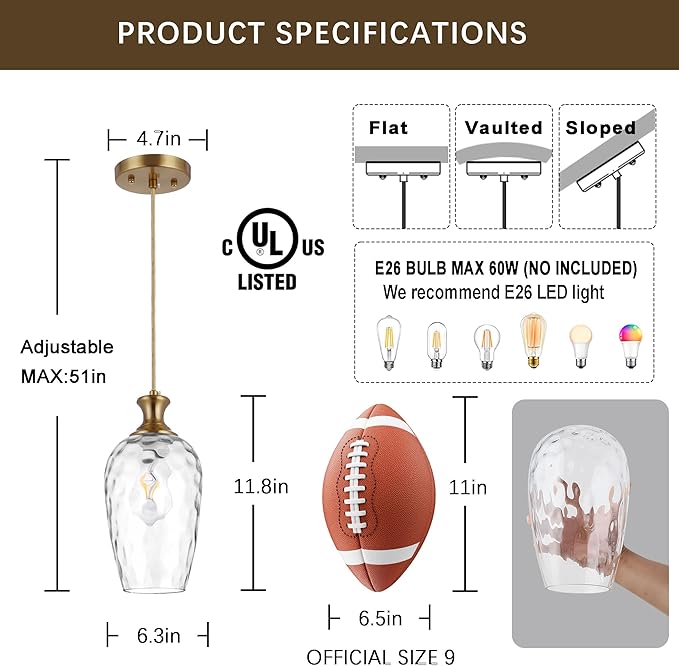 2 Pack Glass Pendant Lights Kitchen Island Gold Vintage Pendant Light Hand-Blown Hammered Clear Glass Hanging Light Fixtures E26 Brass Pendant Light for Kitchen Sink Dining Room
