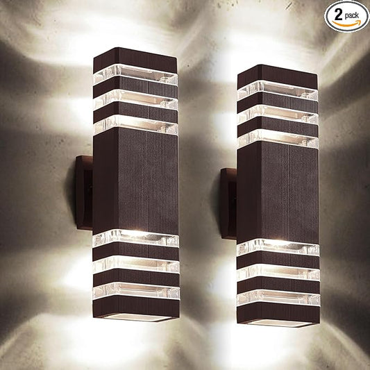 tewei 2 Pack Outdoor Wall Lights, Modern Exterior Light Fixture Wall Mount Brown Outdoor Lights for House, Waterproof Aluminum Up and Down Porch Lights Wall Sconces for Garage Patio, 3-Layer