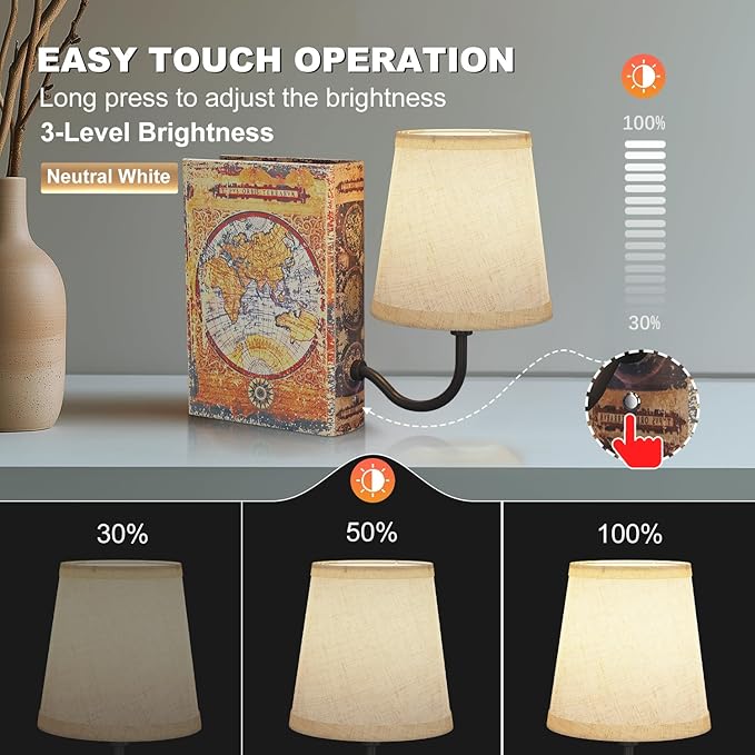 Vintage Bookshelf Lamp Rechargeable, Cordless Book Lamp with Linen Shade, Dimmable Touch Control Table Lamp, Modern Decorative Bookend, Bookshelf Lights for Office Home, Library, Study